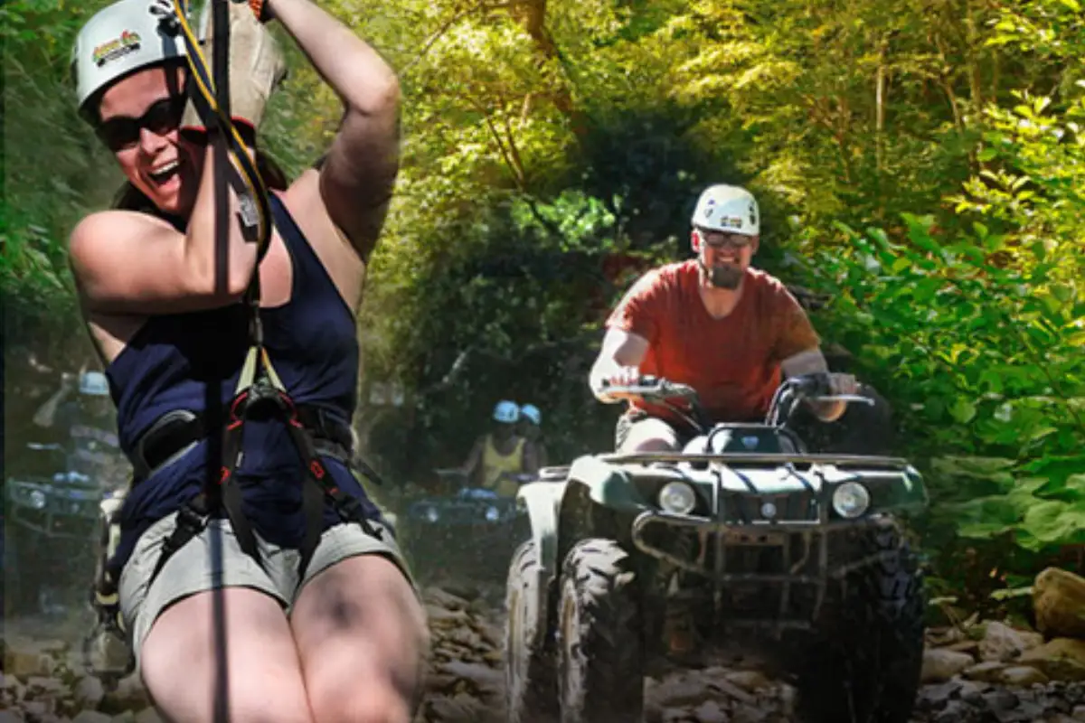 Hombre en Cuatrimoto Tour ATV y Mujer en Tirolesa Canopy Tour Hunacoa Mazatlán